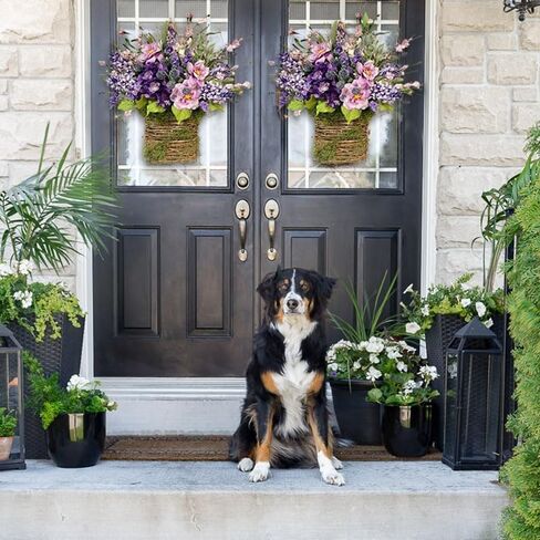 Purple Wildflower Basket Wreath - Lavender and Peony Floral Arrangement in Wicker Hanging Basket, Spring Summer Front Door and Porch Decor in Saudi Arabia