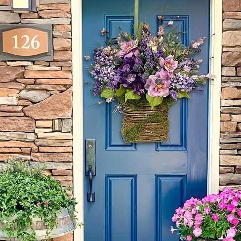 Purple Wildflower Basket Wreath - Lavender and Peony Floral Arrangement in Wicker Hanging Basket, Spring Summer Front Door and Porch Decor in Saudi Arabia