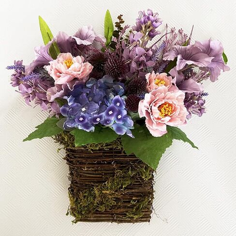 Purple Wildflower Basket Wreath - Lavender and Peony Floral Arrangement in Wicker Hanging Basket, Spring Summer Front Door and Porch Decor in Saudi Arabia