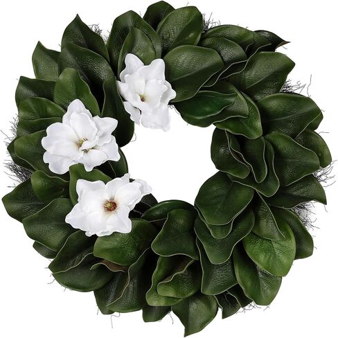 24 Inch Artificial Magnolia Wreaths, Green Leaf with Sash Ribbon | Front Door, All Season Farmhouse Decor, Indoor Outdoor, Wedding Holiday Housewarming Birthday Gift in Kuwait