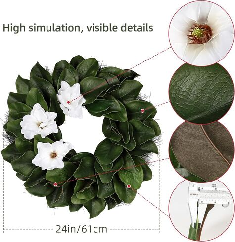 24 Inch Artificial Magnolia Wreaths, Green Leaf with Sash Ribbon | Front Door, All Season Farmhouse Decor, Indoor Outdoor, Wedding Holiday Housewarming Birthday Gift in Kuwait