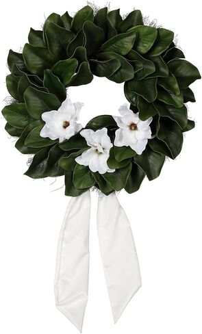 24 Inch Artificial Magnolia Wreaths, Green Leaf with Sash Ribbon | Front Door, All Season Farmhouse Decor, Indoor Outdoor, Wedding Holiday Housewarming Birthday Gift in Kuwait