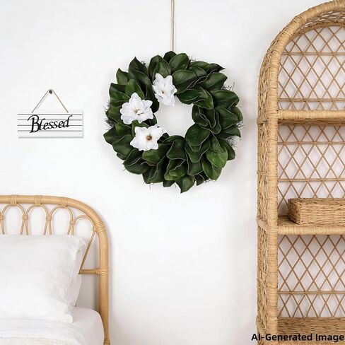 24 Inch Artificial Magnolia Wreaths, Green Leaf with Sash Ribbon | Front Door, All Season Farmhouse Decor, Indoor Outdoor, Wedding Holiday Housewarming Birthday Gift in Kuwait