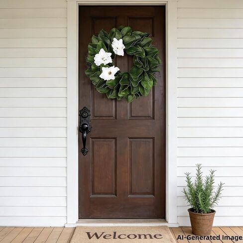 24 Inch Artificial Magnolia Wreaths, Green Leaf with Sash Ribbon | Front Door, All Season Farmhouse Decor, Indoor Outdoor, Wedding Holiday Housewarming Birthday Gift in Kuwait