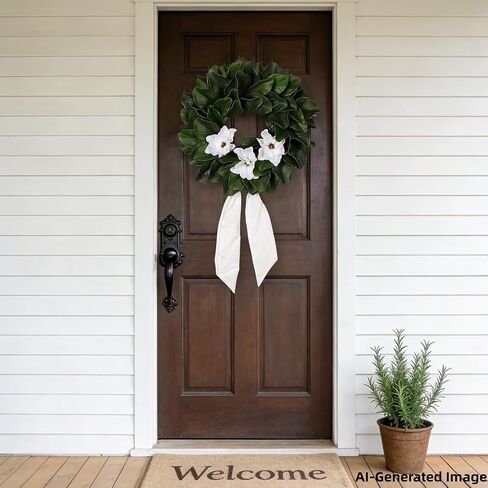 24 Inch Artificial Magnolia Wreaths, Green Leaf with Sash Ribbon | Front Door, All Season Farmhouse Decor, Indoor Outdoor, Wedding Holiday Housewarming Birthday Gift in Kuwait