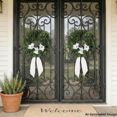 24 Inch Artificial Magnolia Wreaths, Green Leaf with Sash Ribbon | Front Door, All Season Farmhouse Decor, Indoor Outdoor, Wedding Holiday Housewarming Birthday Gift in Kuwait