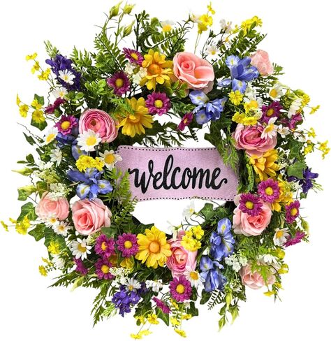 22 Inch Spring Summer Welcome Wreath for Front Door Colorful Wildflower Wreath with Roses Daisies and Welcome Sign for Porch Wall Farmhouse Home Decor in Saudi Arabia
