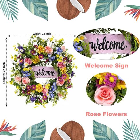 22 Inch Spring Summer Welcome Wreath for Front Door Colorful Wildflower Wreath with Roses Daisies and Welcome Sign for Porch Wall Farmhouse Home Decor in Saudi Arabia