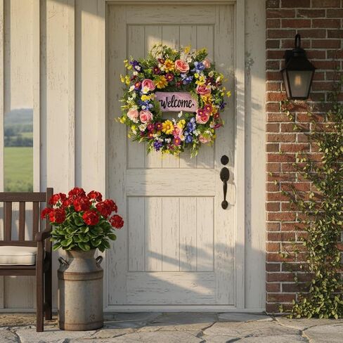 22 Inch Spring Summer Welcome Wreath for Front Door Colorful Wildflower Wreath with Roses Daisies and Welcome Sign for Porch Wall Farmhouse Home Decor in Saudi Arabia
