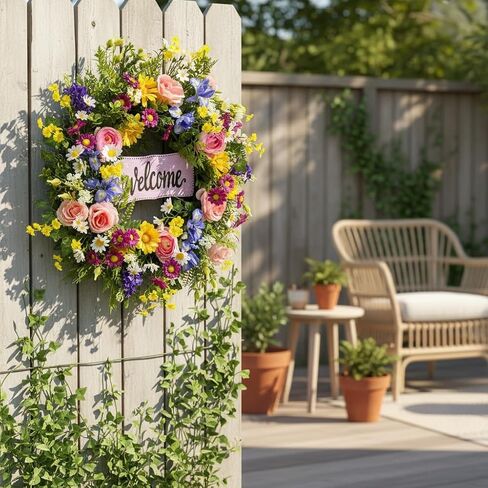 22 Inch Spring Summer Welcome Wreath for Front Door Colorful Wildflower Wreath with Roses Daisies and Welcome Sign for Porch Wall Farmhouse Home Decor in Saudi Arabia