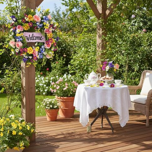 22 Inch Spring Summer Welcome Wreath for Front Door Colorful Wildflower Wreath with Roses Daisies and Welcome Sign for Porch Wall Farmhouse Home Decor in Saudi Arabia