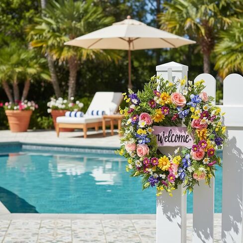 22 Inch Spring Summer Welcome Wreath for Front Door Colorful Wildflower Wreath with Roses Daisies and Welcome Sign for Porch Wall Farmhouse Home Decor in Saudi Arabia