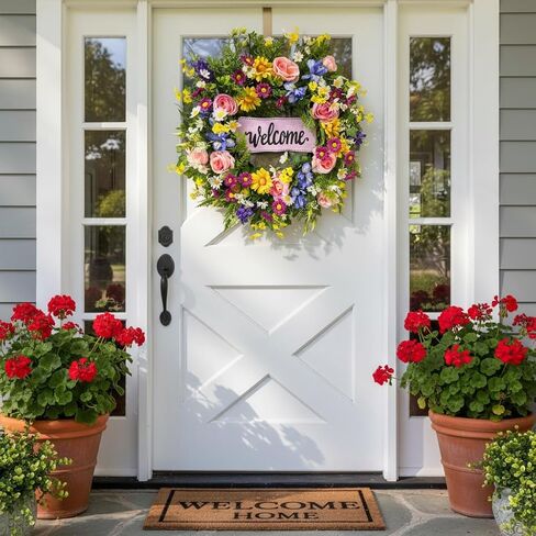 22 Inch Spring Summer Welcome Wreath for Front Door Colorful Wildflower Wreath with Roses Daisies and Welcome Sign for Porch Wall Farmhouse Home Decor in Saudi Arabia