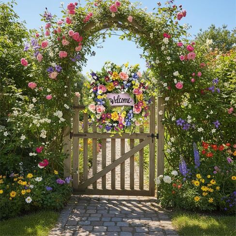 22 Inch Spring Summer Welcome Wreath for Front Door Colorful Wildflower Wreath with Roses Daisies and Welcome Sign for Porch Wall Farmhouse Home Decor in Saudi Arabia