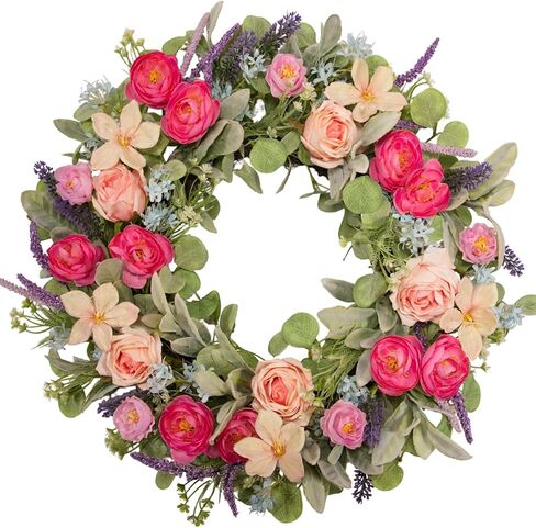 24 Inch Spring Wreath for Front Door, Magenta Pink Rose Floral Wreath with Lavender, Eucalyptus, Lamb's Ear and Blue Wildflowers, Silk Summer Wreath for Home Porch Wall Window Seasonal Decor in Saudi Arabia