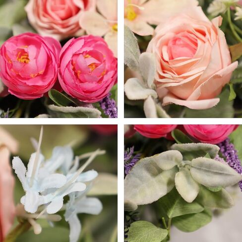 24 Inch Spring Wreath for Front Door, Magenta Pink Rose Floral Wreath with Lavender, Eucalyptus, Lamb's Ear and Blue Wildflowers, Silk Summer Wreath for Home Porch Wall Window Seasonal Decor in Saudi Arabia
