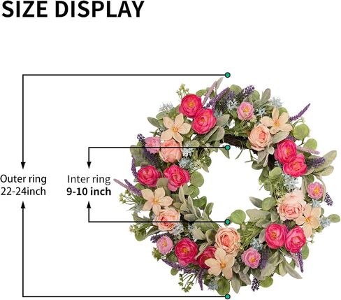 24 Inch Spring Wreath for Front Door, Magenta Pink Rose Floral Wreath with Lavender, Eucalyptus, Lamb's Ear and Blue Wildflowers, Silk Summer Wreath for Home Porch Wall Window Seasonal Decor in Saudi Arabia