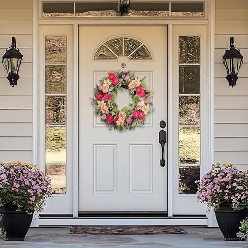 24 Inch Spring Wreath for Front Door, Magenta Pink Rose Floral Wreath with Lavender, Eucalyptus, Lamb's Ear and Blue Wildflowers, Silk Summer Wreath for Home Porch Wall Window Seasonal Decor in Saudi Arabia