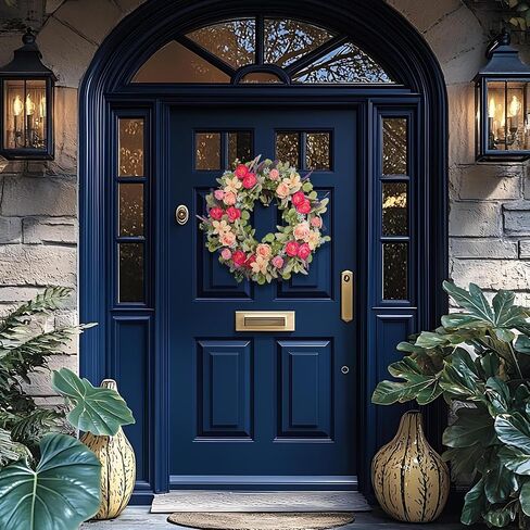 24 Inch Spring Wreath for Front Door, Magenta Pink Rose Floral Wreath with Lavender, Eucalyptus, Lamb's Ear and Blue Wildflowers, Silk Summer Wreath for Home Porch Wall Window Seasonal Decor in Saudi Arabia