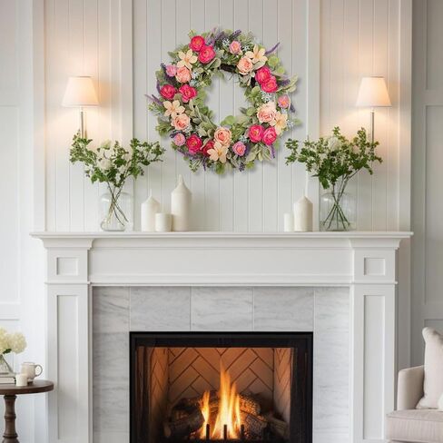 24 Inch Spring Wreath for Front Door, Magenta Pink Rose Floral Wreath with Lavender, Eucalyptus, Lamb's Ear and Blue Wildflowers, Silk Summer Wreath for Home Porch Wall Window Seasonal Decor in Saudi Arabia