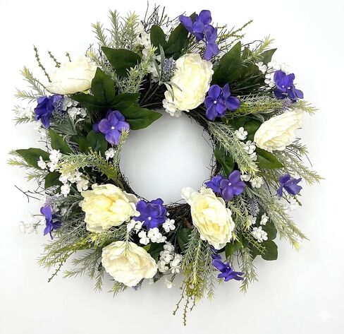 26-Inch Elegant Spring Summer Wreath for Front Door – White & Purple Floral Door Wreath with Lush Greenery, Indoor Outdoor Farmhouse Decor for Porch, Entryway & Wall in Kuwait