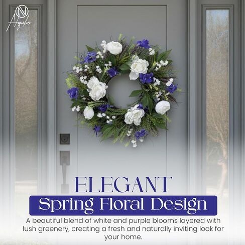 26-Inch Elegant Spring Summer Wreath for Front Door – White & Purple Floral Door Wreath with Lush Greenery, Indoor Outdoor Farmhouse Decor for Porch, Entryway & Wall in Kuwait