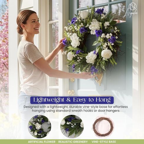26-Inch Elegant Spring Summer Wreath for Front Door – White & Purple Floral Door Wreath with Lush Greenery, Indoor Outdoor Farmhouse Decor for Porch, Entryway & Wall in Kuwait