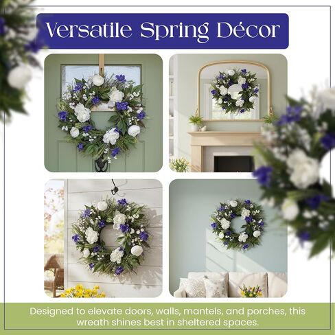 26-Inch Elegant Spring Summer Wreath for Front Door – White & Purple Floral Door Wreath with Lush Greenery, Indoor Outdoor Farmhouse Decor for Porch, Entryway & Wall in Kuwait