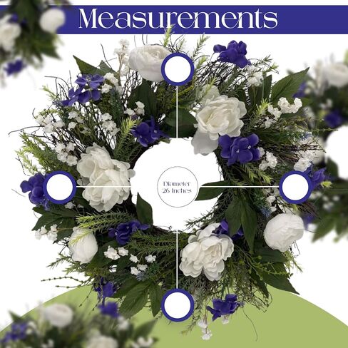 26-Inch Elegant Spring Summer Wreath for Front Door – White & Purple Floral Door Wreath with Lush Greenery, Indoor Outdoor Farmhouse Decor for Porch, Entryway & Wall in Kuwait