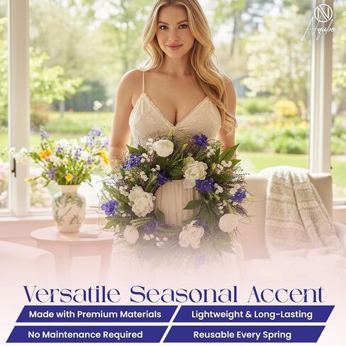 26-Inch Elegant Spring Summer Wreath for Front Door – White & Purple Floral Door Wreath with Lush Greenery, Indoor Outdoor Farmhouse Decor for Porch, Entryway & Wall in Kuwait