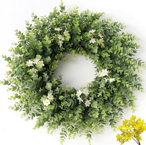 24" Large Eucalyptus Wreath for Front Door – All Season Artificial Greenery Wreath with White & Yellow Blossoms – Full Front Door Wreath for Porch, Farmhouse Entryway & Home Wall Decor in Saudi Arabia