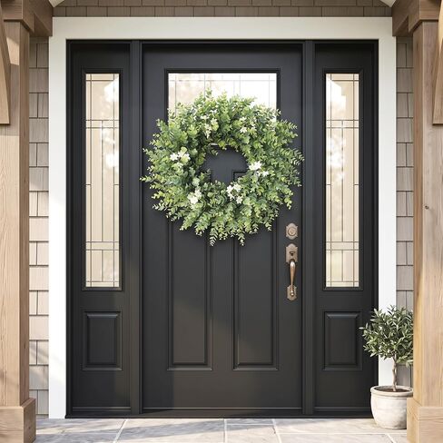 24" Large Eucalyptus Wreath for Front Door – All Season Artificial Greenery Wreath with White & Yellow Blossoms – Full Front Door Wreath for Porch, Farmhouse Entryway & Home Wall Decor in Saudi Arabia