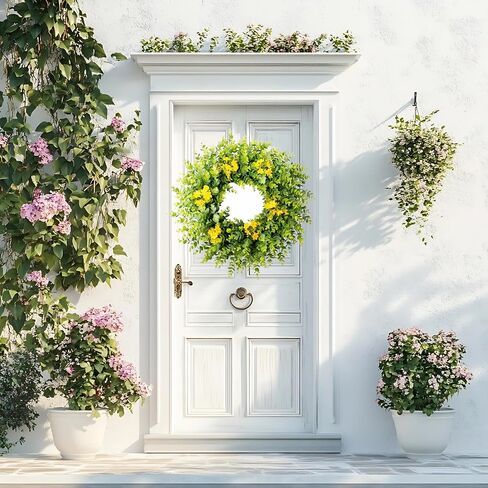 24" Large Eucalyptus Wreath for Front Door – All Season Artificial Greenery Wreath with White & Yellow Blossoms – Full Front Door Wreath for Porch, Farmhouse Entryway & Home Wall Decor in Saudi Arabia