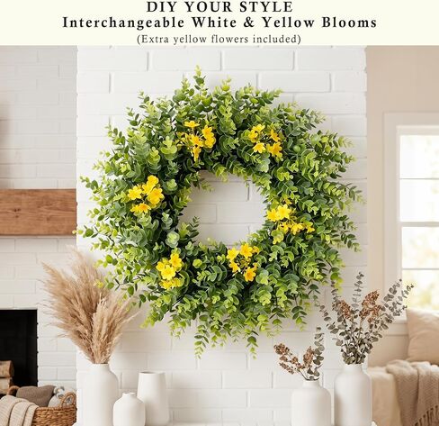 24" Large Eucalyptus Wreath for Front Door – All Season Artificial Greenery Wreath with White & Yellow Blossoms – Full Front Door Wreath for Porch, Farmhouse Entryway & Home Wall Decor in Saudi Arabia