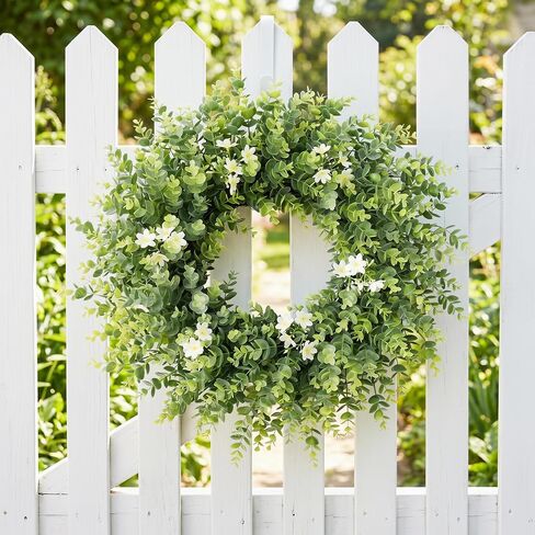 24" Large Eucalyptus Wreath for Front Door – All Season Artificial Greenery Wreath with White & Yellow Blossoms – Full Front Door Wreath for Porch, Farmhouse Entryway & Home Wall Decor in Saudi Arabia
