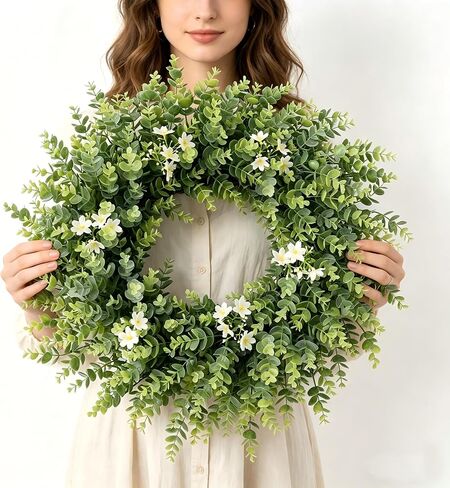 24" Large Eucalyptus Wreath for Front Door – All Season Artificial Greenery Wreath with White & Yellow Blossoms – Full Front Door Wreath for Porch, Farmhouse Entryway & Home Wall Decor in Saudi Arabia