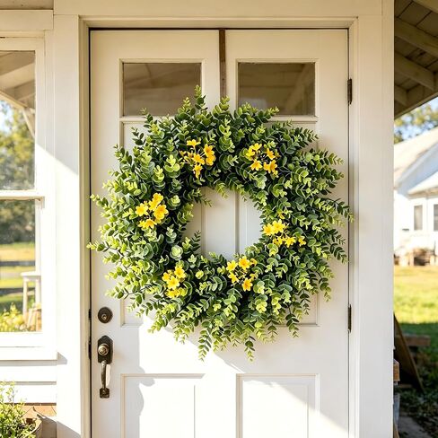 24" Large Eucalyptus Wreath for Front Door – All Season Artificial Greenery Wreath with White & Yellow Blossoms – Full Front Door Wreath for Porch, Farmhouse Entryway & Home Wall Decor in Saudi Arabia