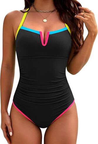 BMJL Womens One Piece Swimsuit Ribbed Tummy Control Bathing Suit V Wired Color Block Swim Suits 2026 in Kuwait