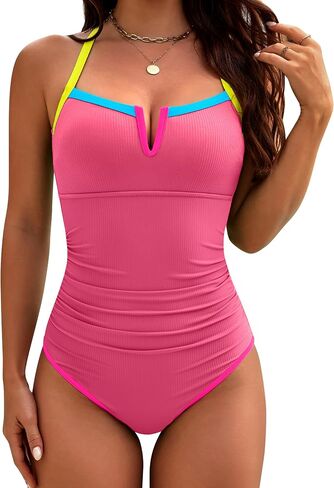 BMJL Womens One Piece Swimsuit Ribbed Tummy Control Bathing Suit V Wired Color Block Swim Suits 2026 in Kuwait