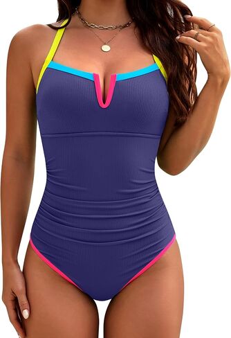 BMJL Womens One Piece Swimsuit Ribbed Tummy Control Bathing Suit V Wired Color Block Swim Suits 2026 in Kuwait
