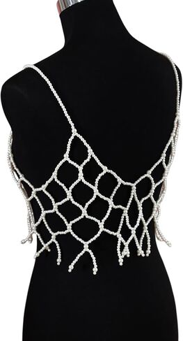 Women's Pearl Body Chain Bralette-Boho Summer Beach Beaded Body Jewelry for Festival Adjustable Layered Pearl Lingerie Chain Bikini Tassel Beaded Body Chain in Kuwait