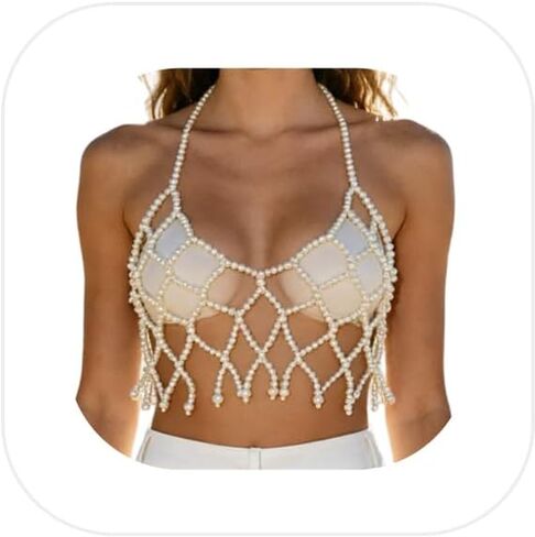 Women's Pearl Body Chain Bralette-Boho Summer Beach Beaded Body Jewelry for Festival Adjustable Layered Pearl Lingerie Chain Bikini Tassel Beaded Body Chain in Kuwait