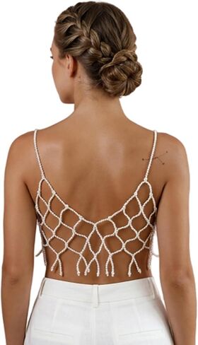 Women's Pearl Body Chain Bralette-Boho Summer Beach Beaded Body Jewelry for Festival Adjustable Layered Pearl Lingerie Chain Bikini Tassel Beaded Body Chain in Kuwait