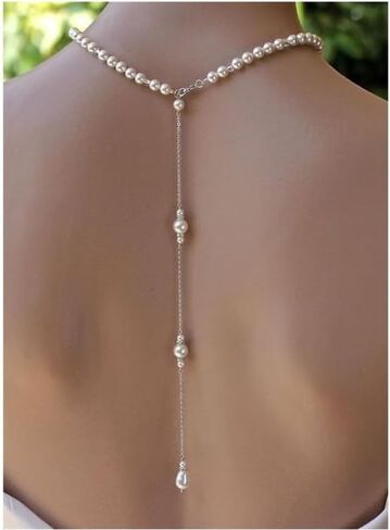 White Elegant Boho Pearl Back Chain Necklace Vintage Pearl Backdrop Long Sexy Tassel Pendant Body Chain Backless Dress Accessories for Women Wedding Brides and Prom Off-shoulder Dressing in Saudi Arabia