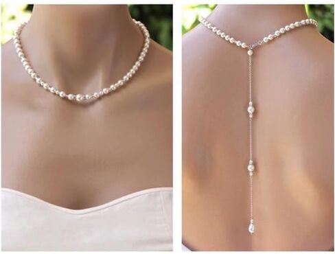 White Elegant Boho Pearl Back Chain Necklace Vintage Pearl Backdrop Long Sexy Tassel Pendant Body Chain Backless Dress Accessories for Women Wedding Brides and Prom Off-shoulder Dressing in Saudi Arabia