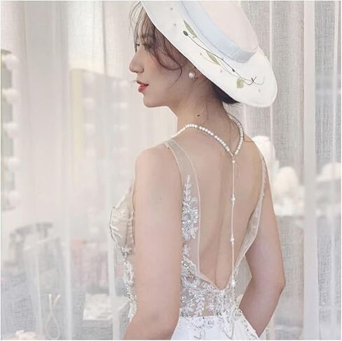 White Elegant Boho Pearl Back Chain Necklace Vintage Pearl Backdrop Long Sexy Tassel Pendant Body Chain Backless Dress Accessories for Women Wedding Brides and Prom Off-shoulder Dressing in Saudi Arabia