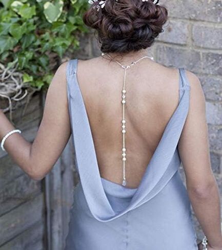 White Elegant Boho Pearl Back Chain Necklace Vintage Pearl Backdrop Long Sexy Tassel Pendant Body Chain Backless Dress Accessories for Women Wedding Brides and Prom Off-shoulder Dressing in Saudi Arabia