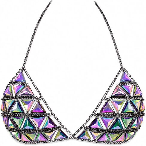 1 Pack Geometric Triangle Body Chain, Alloy Chain with Iridescent Acrylic Triangle Pieces, Integrated Body Chain for Women, Rave Bikini Top Festival Wear in Saudi Arabia
