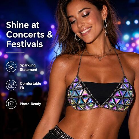 1 Pack Geometric Triangle Body Chain, Alloy Chain with Iridescent Acrylic Triangle Pieces, Integrated Body Chain for Women, Rave Bikini Top Festival Wear in Saudi Arabia