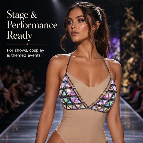 1 Pack Geometric Triangle Body Chain, Alloy Chain with Iridescent Acrylic Triangle Pieces, Integrated Body Chain for Women, Rave Bikini Top Festival Wear in Saudi Arabia